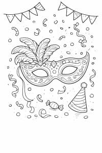 Ausmalbild mit Karnevalsmaske und Konfetti für Kleine